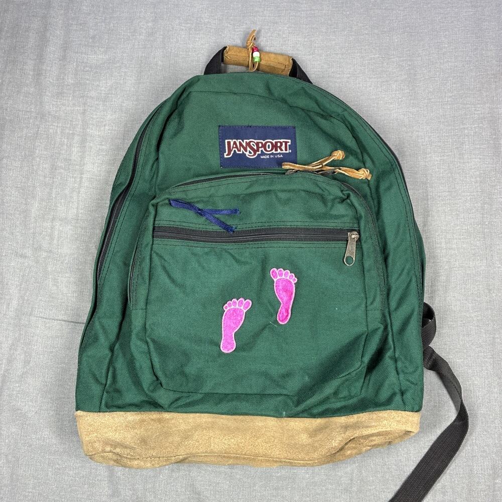 Vintage Jansport Backpack USA Leather Bottom Dark Green Made 1996